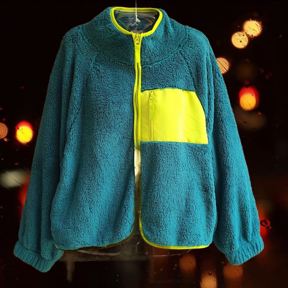 love, Fire Womens Balloon Sleeve Zip Up Plush Jacket Shaded Spruce Size XL